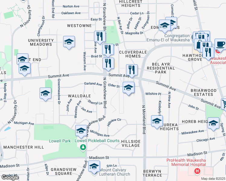 map of restaurants, bars, coffee shops, grocery stores, and more near 1701 Elder Street in Waukesha