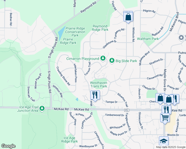 map of restaurants, bars, coffee shops, grocery stores, and more near 2954 Cimarron Trail in Madison