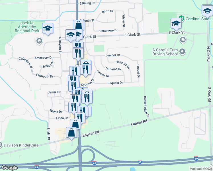 map of restaurants, bars, coffee shops, grocery stores, and more near 304 Sequoia Drive in Davison