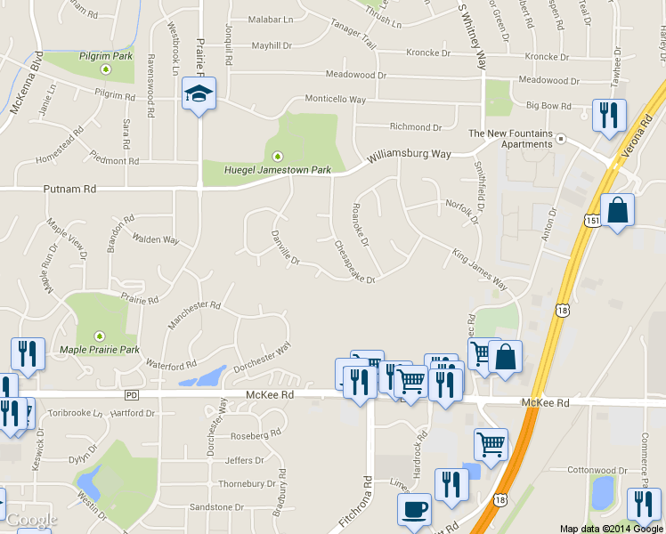 map of restaurants, bars, coffee shops, grocery stores, and more near 5812 Danville Drive in Fitchburg