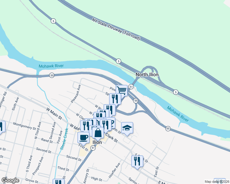 map of restaurants, bars, coffee shops, grocery stores, and more near 14 Spruce Street in Ilion