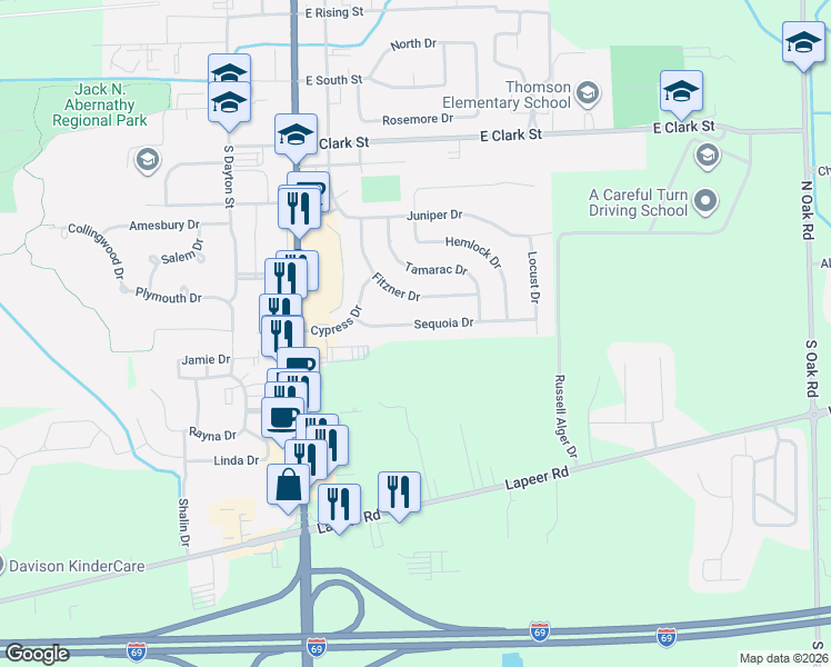 map of restaurants, bars, coffee shops, grocery stores, and more near 414 Sequoia Drive in Davison