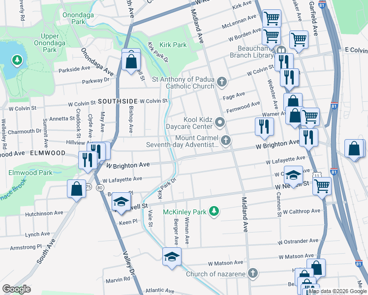 map of restaurants, bars, coffee shops, grocery stores, and more near 508-10 West Brighton Avenue in Syracuse