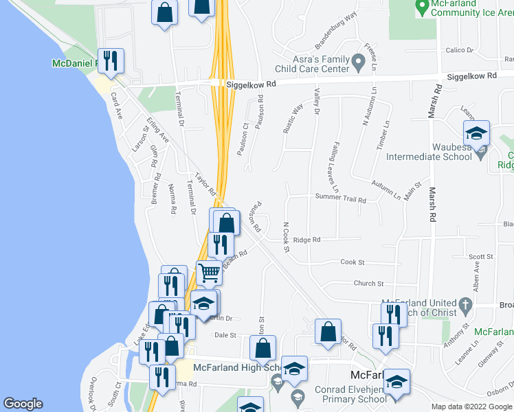 map of restaurants, bars, coffee shops, grocery stores, and more near 5366 Paulson Road in McFarland