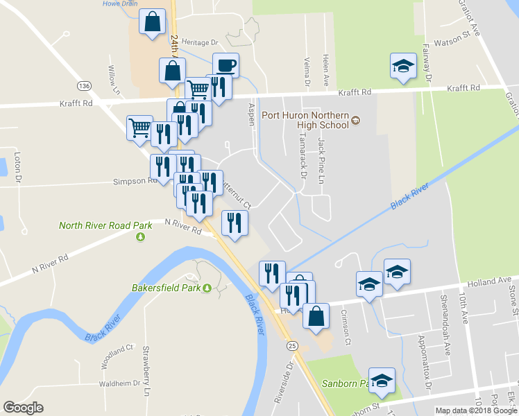 map of restaurants, bars, coffee shops, grocery stores, and more near 3880 Butternut Court in Port Huron