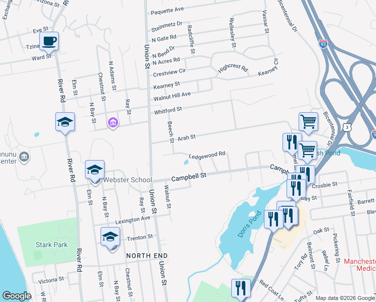 map of restaurants, bars, coffee shops, grocery stores, and more near 160 Ledgewood Road in Manchester