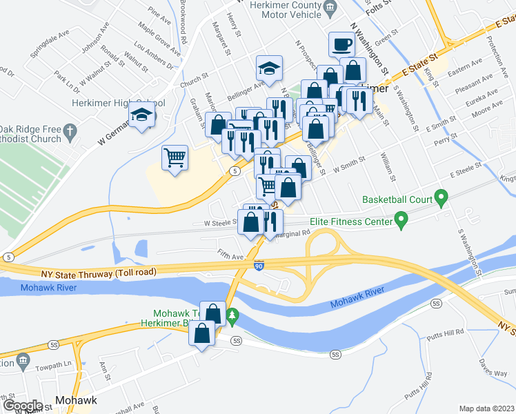 map of restaurants, bars, coffee shops, grocery stores, and more near 228 3rd Avenue in Herkimer