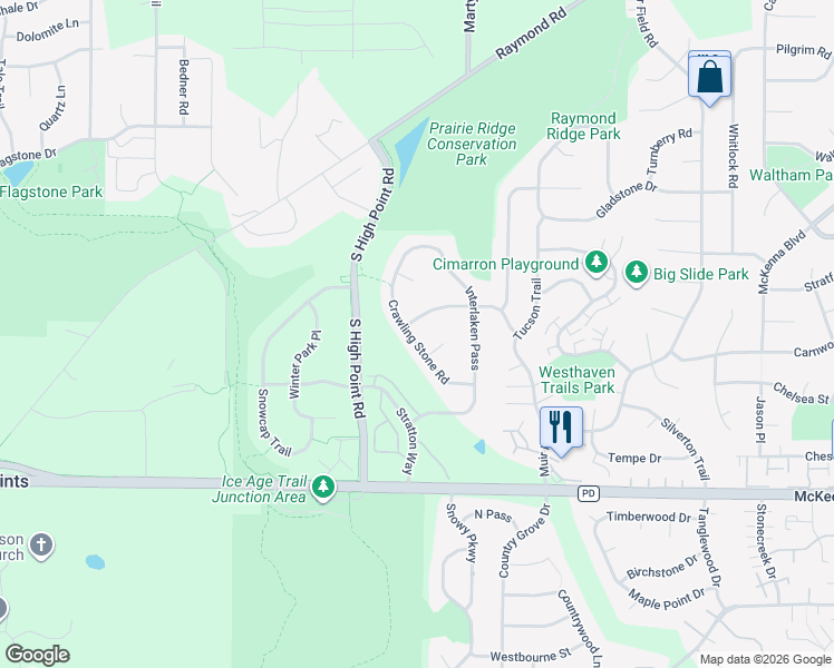 map of restaurants, bars, coffee shops, grocery stores, and more near 7613 Crawling Stone Road in Madison