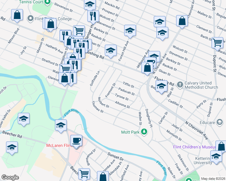 map of restaurants, bars, coffee shops, grocery stores, and more near 2560 Tyrone Street in Flint