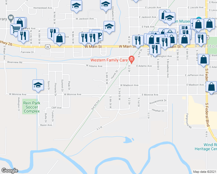 map of restaurants, bars, coffee shops, grocery stores, and more near 505 Hursh Street in Riverton
