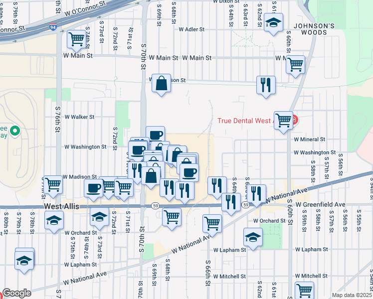 map of restaurants, bars, coffee shops, grocery stores, and more near 6737 West Washington Street in West Allis