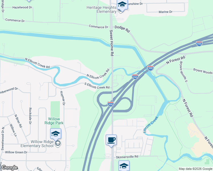 map of restaurants, bars, coffee shops, grocery stores, and more near 680 South Ellicott Creek Road in Buffalo