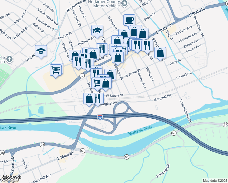 map of restaurants, bars, coffee shops, grocery stores, and more near 315 West Steele Street in Herkimer