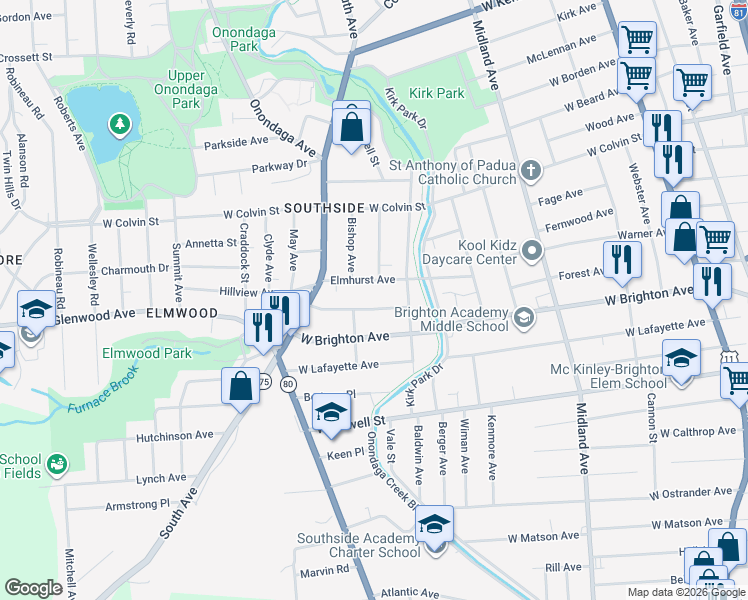 map of restaurants, bars, coffee shops, grocery stores, and more near 213 Marguerite Avenue in Syracuse