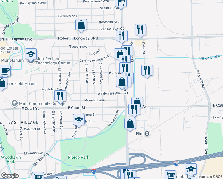 map of restaurants, bars, coffee shops, grocery stores, and more near 2609 Windemere Avenue in Flint