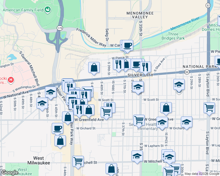 map of restaurants, bars, coffee shops, grocery stores, and more near 3746 West Frederica Place in Milwaukee