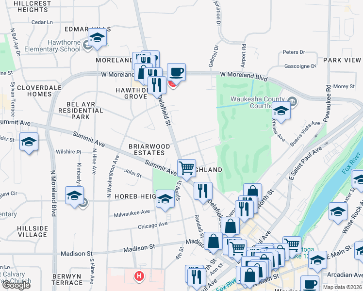 map of restaurants, bars, coffee shops, grocery stores, and more near 308 Prospect Avenue in Waukesha