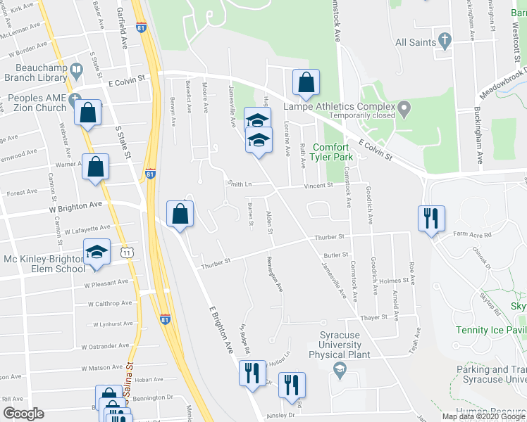 map of restaurants, bars, coffee shops, grocery stores, and more near 112 Alden Street in Syracuse