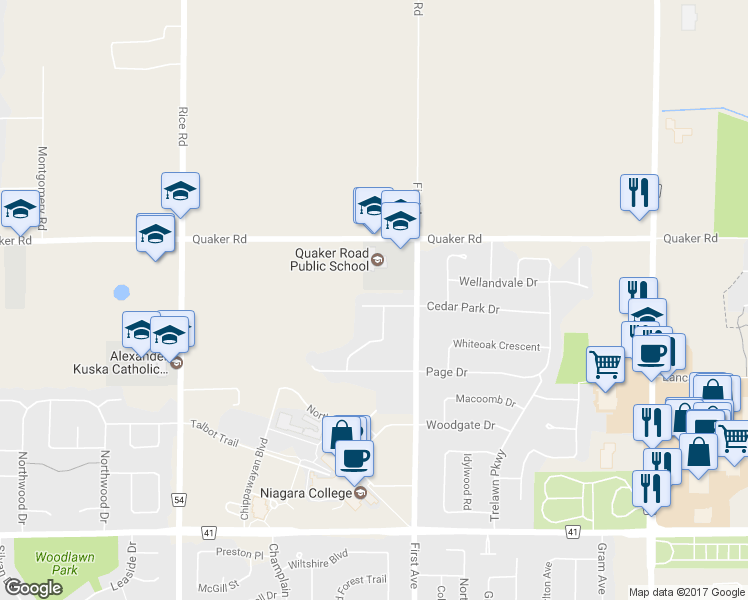 map of restaurants, bars, coffee shops, grocery stores, and more near 32 Woodland Drive in Welland