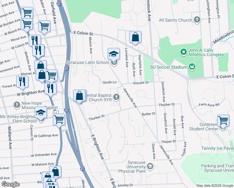 map of restaurants, bars, coffee shops, grocery stores, and more near 121 Burten Street in Syracuse