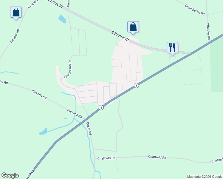 map of restaurants, bars, coffee shops, grocery stores, and more near 102 Briarwood Drive in Cayuga County