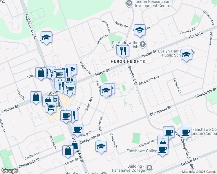 map of restaurants, bars, coffee shops, grocery stores, and more near 1304 Michael Circle in London