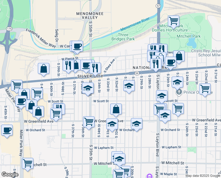 map of restaurants, bars, coffee shops, grocery stores, and more near 1101 South 33rd Street in Milwaukee