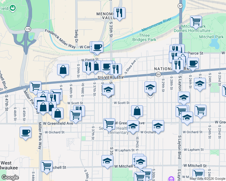 map of restaurants, bars, coffee shops, grocery stores, and more near 1031-1033 South 34th Street in Milwaukee