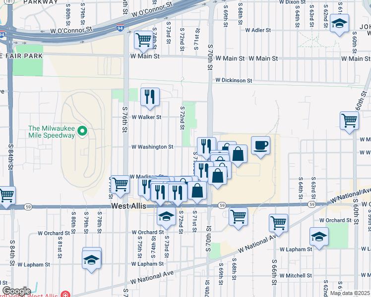 map of restaurants, bars, coffee shops, grocery stores, and more near 1112 South 72nd Street in West Allis