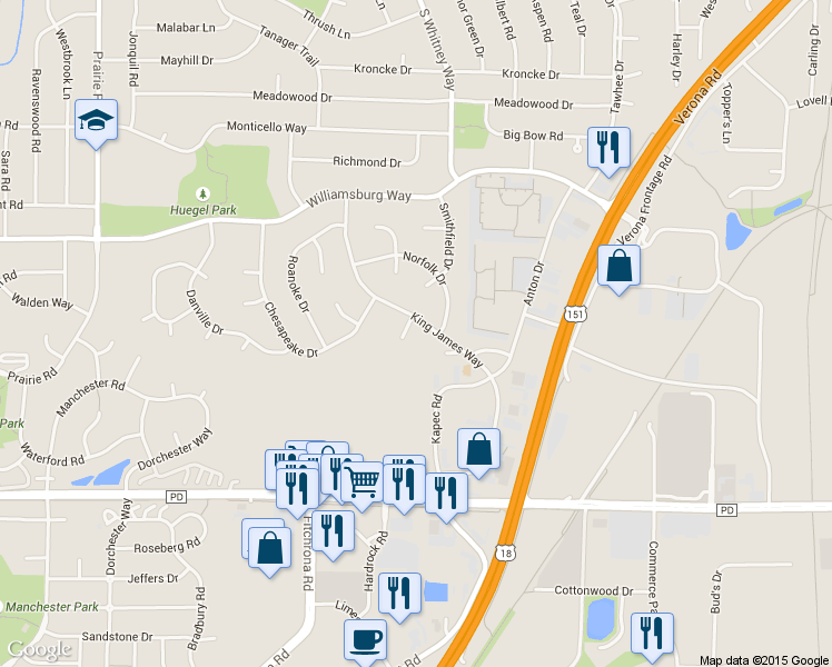map of restaurants, bars, coffee shops, grocery stores, and more near 5662 King James Court in Fitchburg