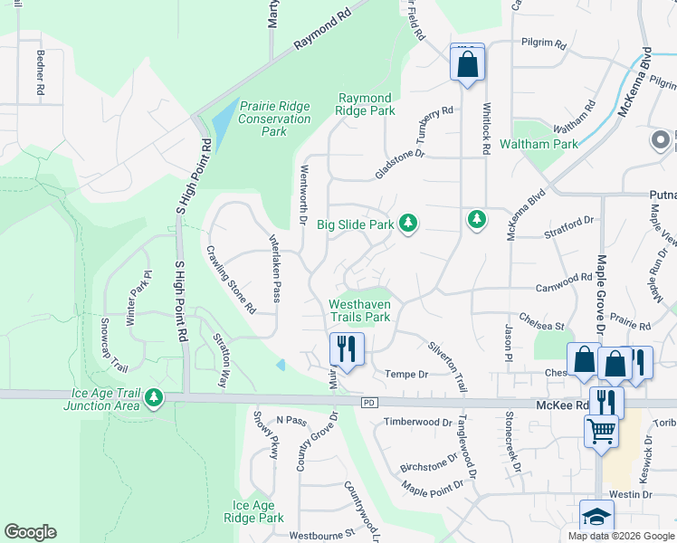 map of restaurants, bars, coffee shops, grocery stores, and more near 2954 Cimarron Trail in Madison