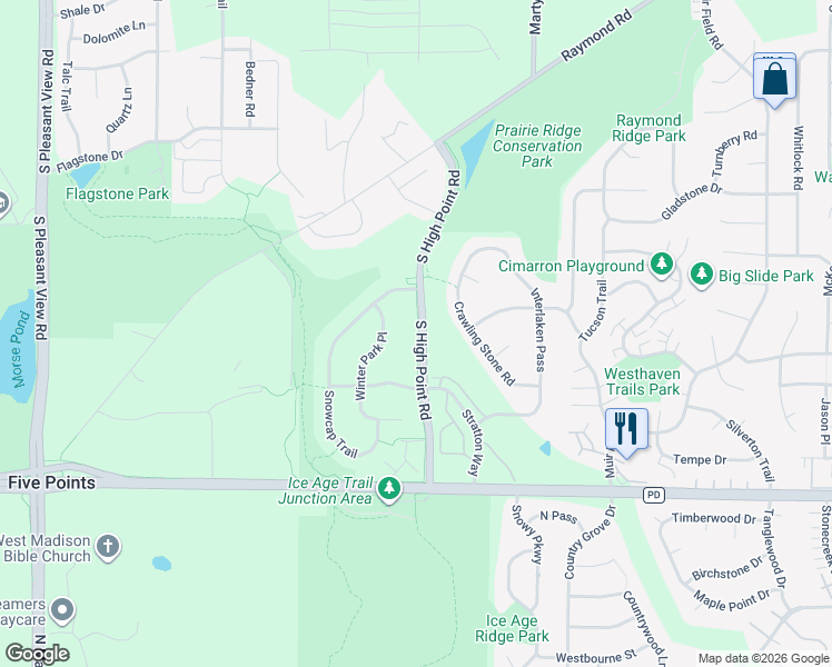 map of restaurants, bars, coffee shops, grocery stores, and more near 2801 Snowmist Trail in Madison