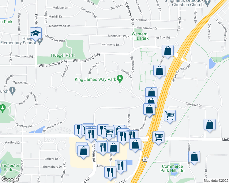 map of restaurants, bars, coffee shops, grocery stores, and more near 5669 King James Court in Fitchburg