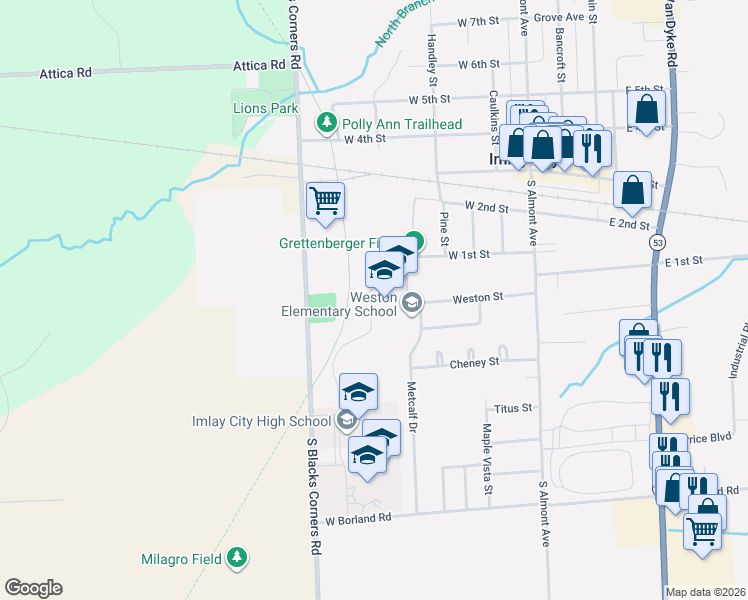 map of restaurants, bars, coffee shops, grocery stores, and more near 495 W 1st St in Imlay City