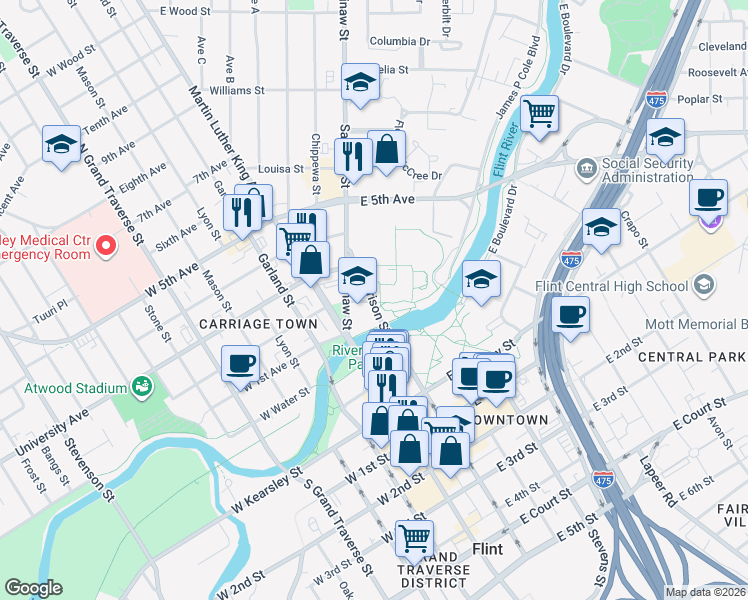 map of restaurants, bars, coffee shops, grocery stores, and more near 303 East Kearsley Street in Flint