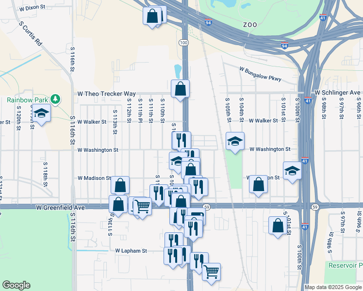 map of restaurants, bars, coffee shops, grocery stores, and more near in West Allis