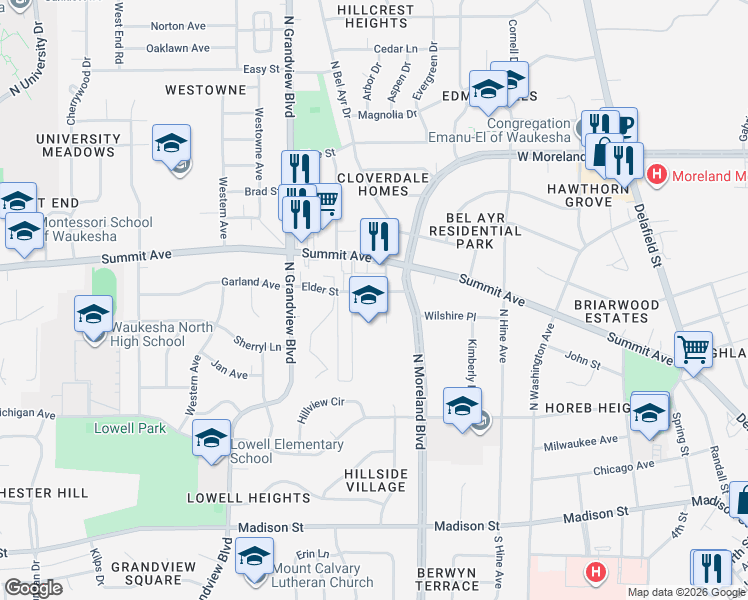map of restaurants, bars, coffee shops, grocery stores, and more near 480 Orchard Avenue in Waukesha