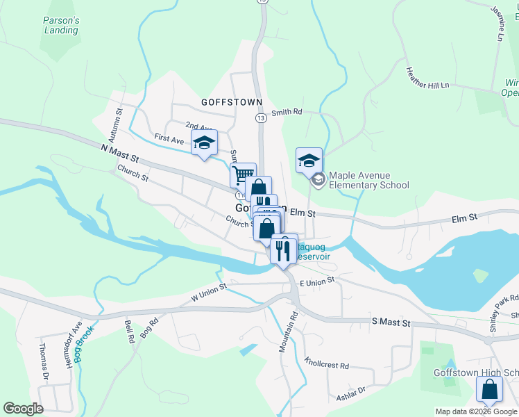 map of restaurants, bars, coffee shops, grocery stores, and more near in Goffstown