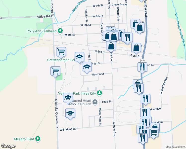 map of restaurants, bars, coffee shops, grocery stores, and more near 215 Weston Street in Imlay City