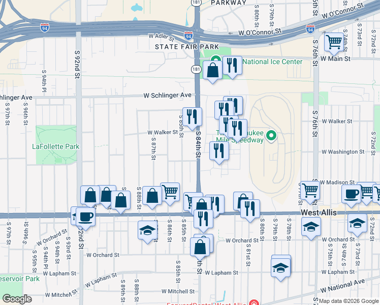 map of restaurants, bars, coffee shops, grocery stores, and more near 1021 South 84th Street in West Allis