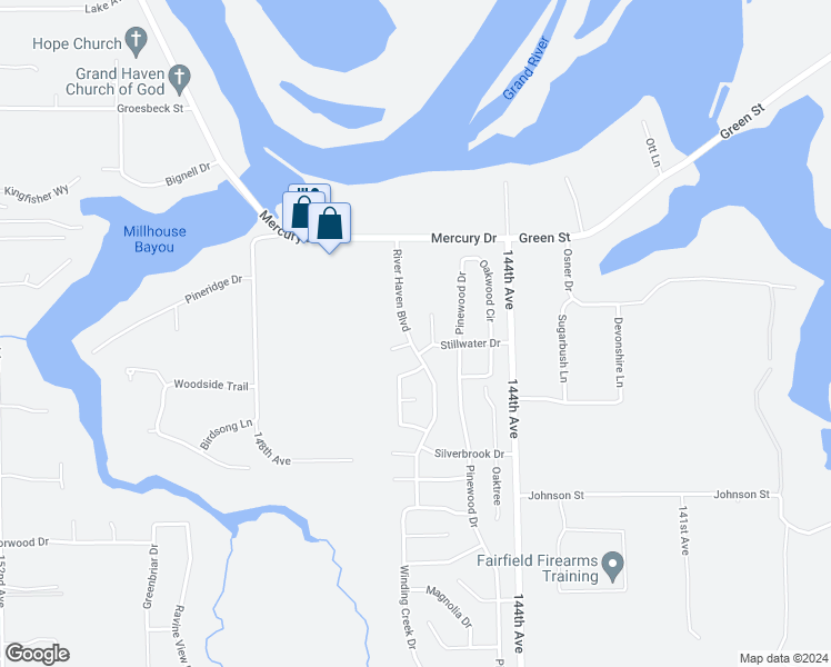 map of restaurants, bars, coffee shops, grocery stores, and more near 13850 River Haven Boulevard in Grand Haven