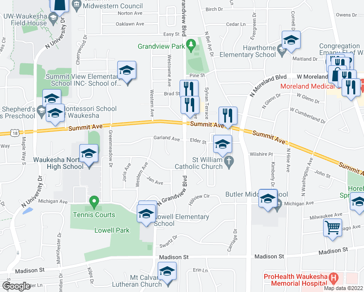 map of restaurants, bars, coffee shops, grocery stores, and more near 448 North Grandview Boulevard in Waukesha