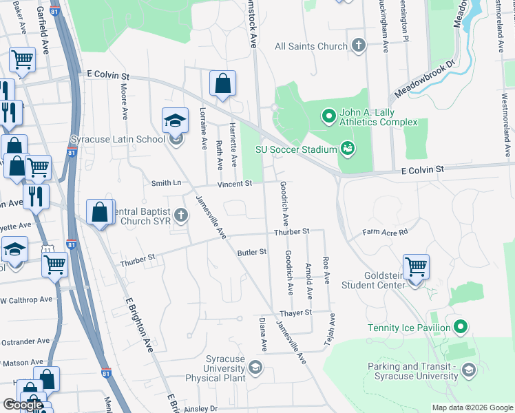 map of restaurants, bars, coffee shops, grocery stores, and more near 1250 Comstock Avenue in Syracuse