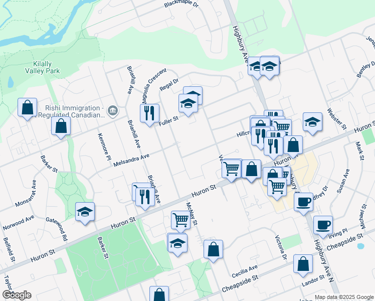 map of restaurants, bars, coffee shops, grocery stores, and more near 1225 Hillcrest Avenue in London