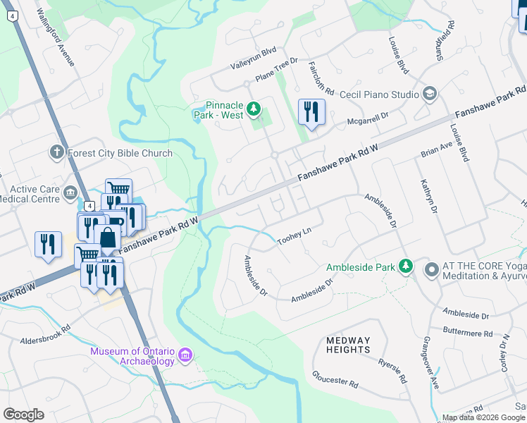 map of restaurants, bars, coffee shops, grocery stores, and more near 410 Ambleside Drive in London