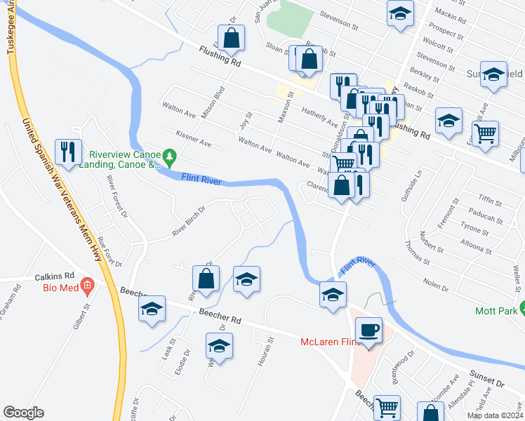 map of restaurants, bars, coffee shops, grocery stores, and more near 1184 River Valley Drive in Flint