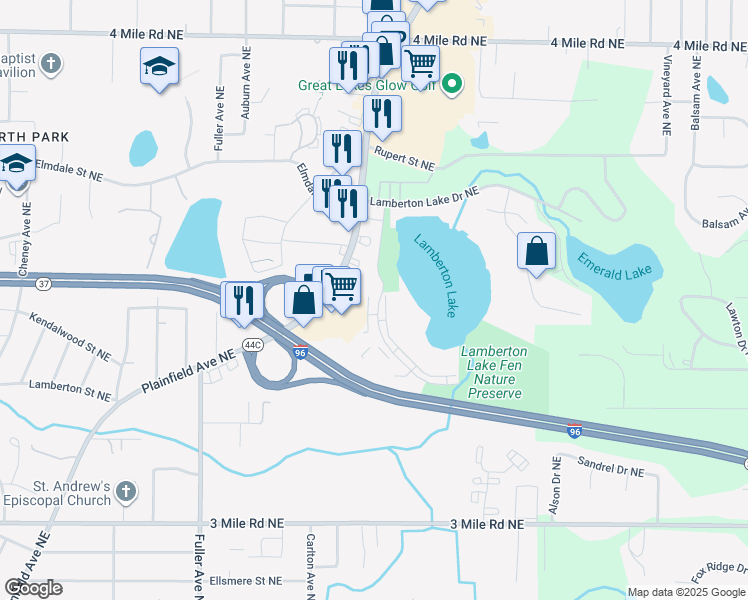 map of restaurants, bars, coffee shops, grocery stores, and more near 3173 Plaza Drive Northeast in Grand Rapids
