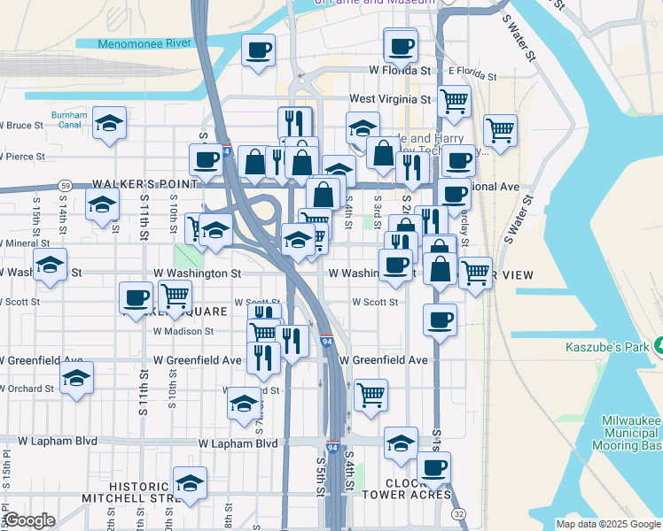 map of restaurants, bars, coffee shops, grocery stores, and more near 433 West Washington Street in Milwaukee