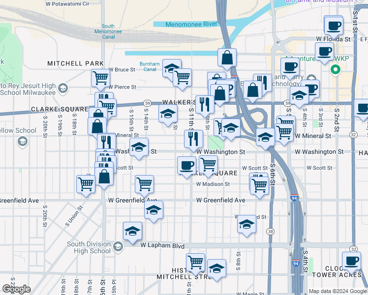 map of restaurants, bars, coffee shops, grocery stores, and more near 1101 South 11th Street in Milwaukee