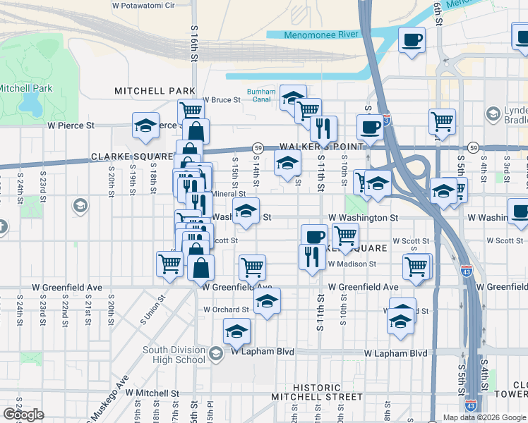 map of restaurants, bars, coffee shops, grocery stores, and more near 1315 West Washington Street in Milwaukee